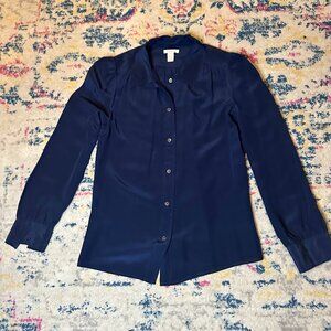 100% Silk J. Crew Navy Blue Women's Button Down Blouse Size 2